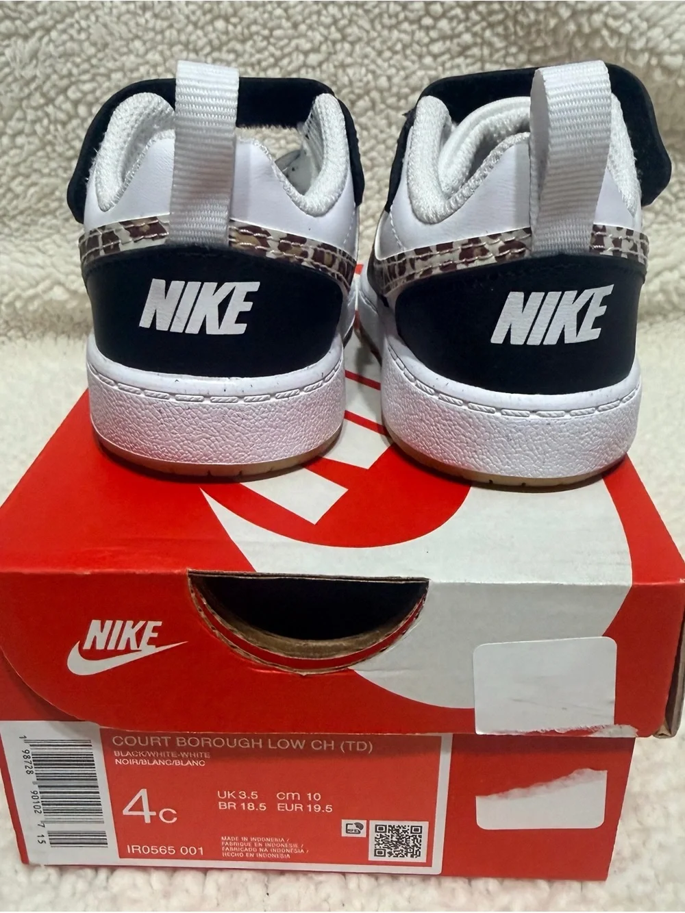 Nike Kids Black and White Sneakers with Leopard-Print Swoosh
